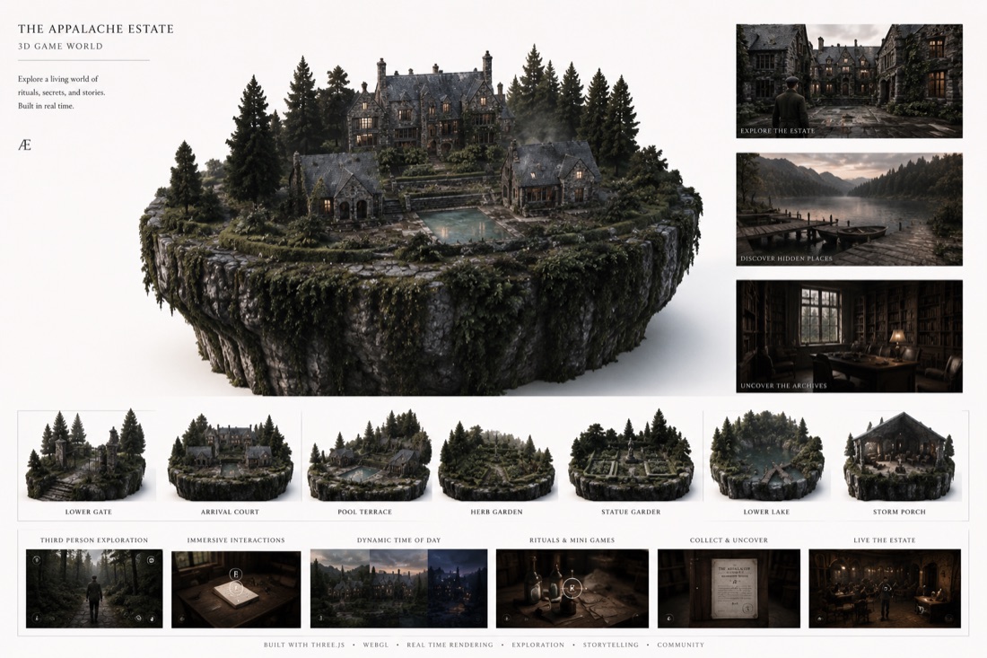 An Appalache Estate showcase board with the estate model and game scenes.