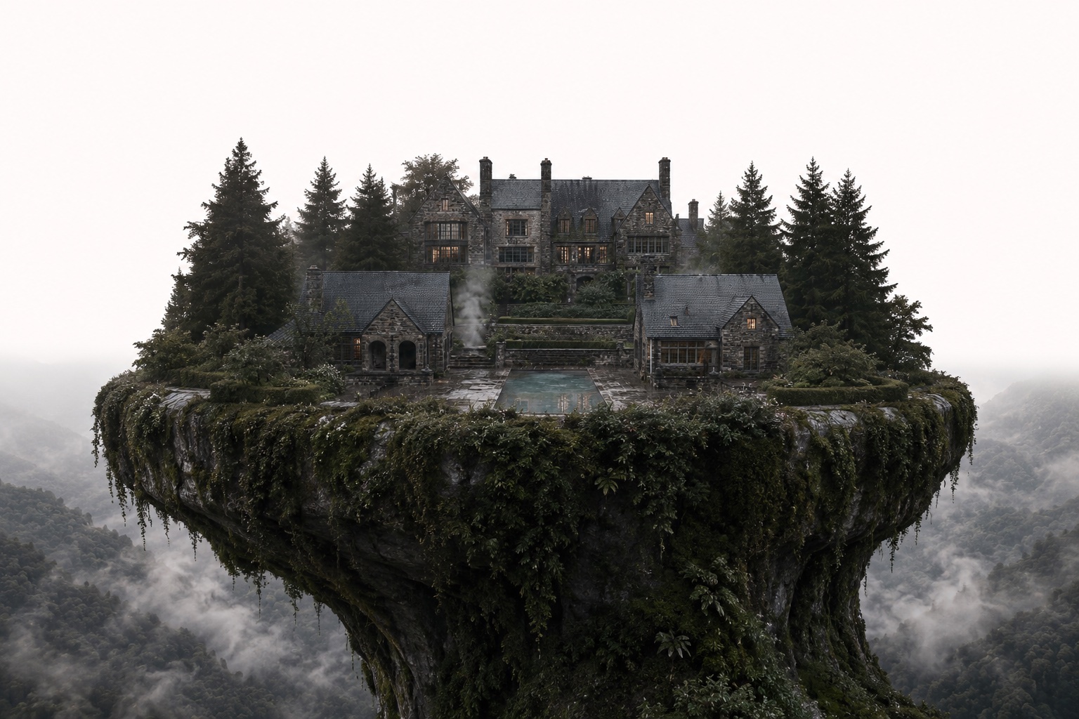 The Appalache Estate as a large stone house and pool terrace on a moss-covered mountain plinth.