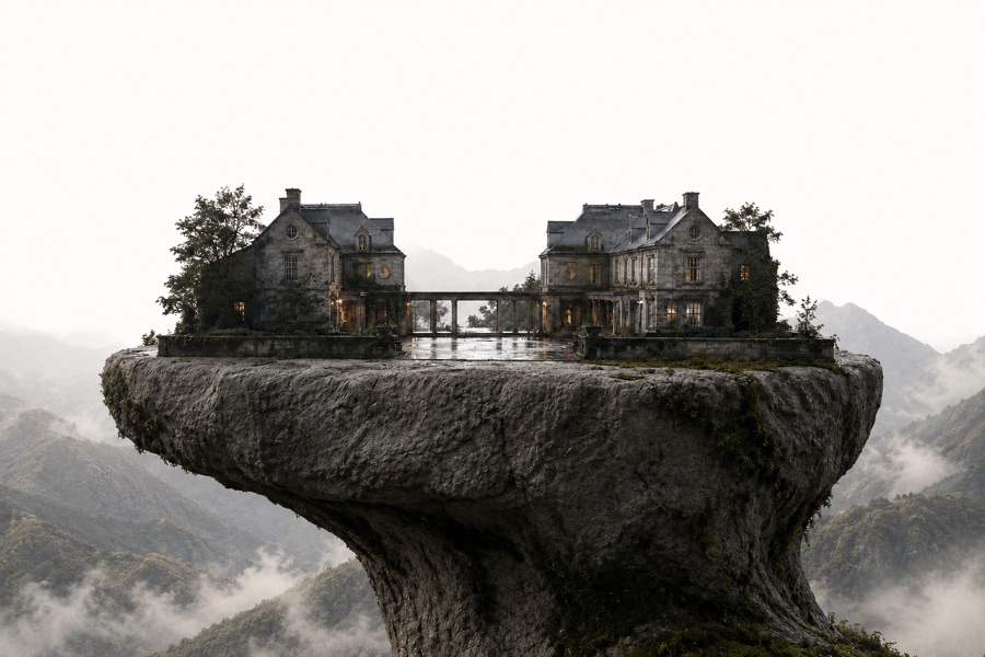 The Appalache Estate presented as a stone architectural miniature above a mountain valley.