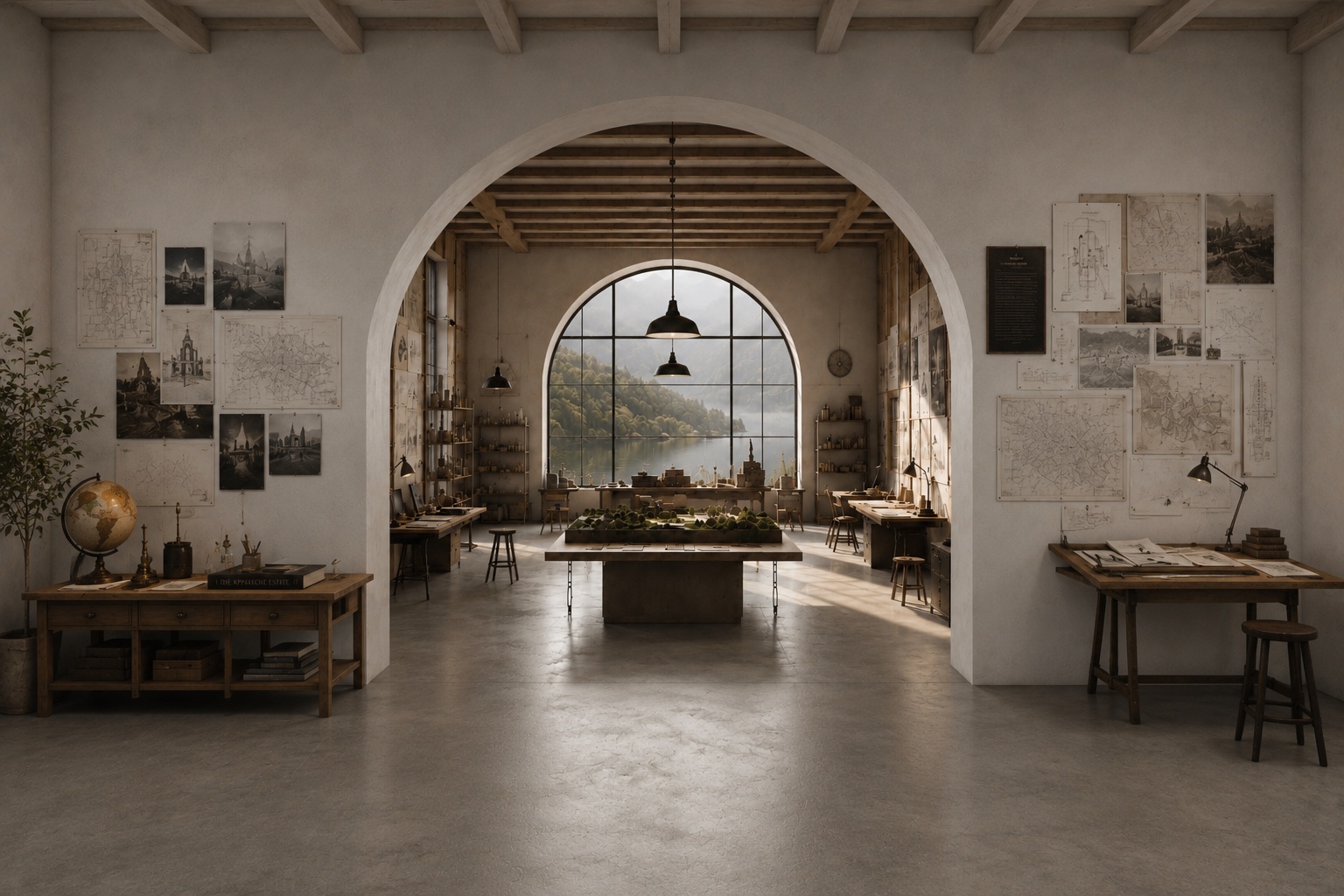 Ryan Crown's World Architect studio, viewed through a large plaster arch with a scale model on the central table.