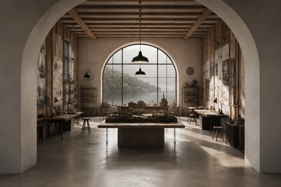 A bright architectural studio seen through a plaster arch.