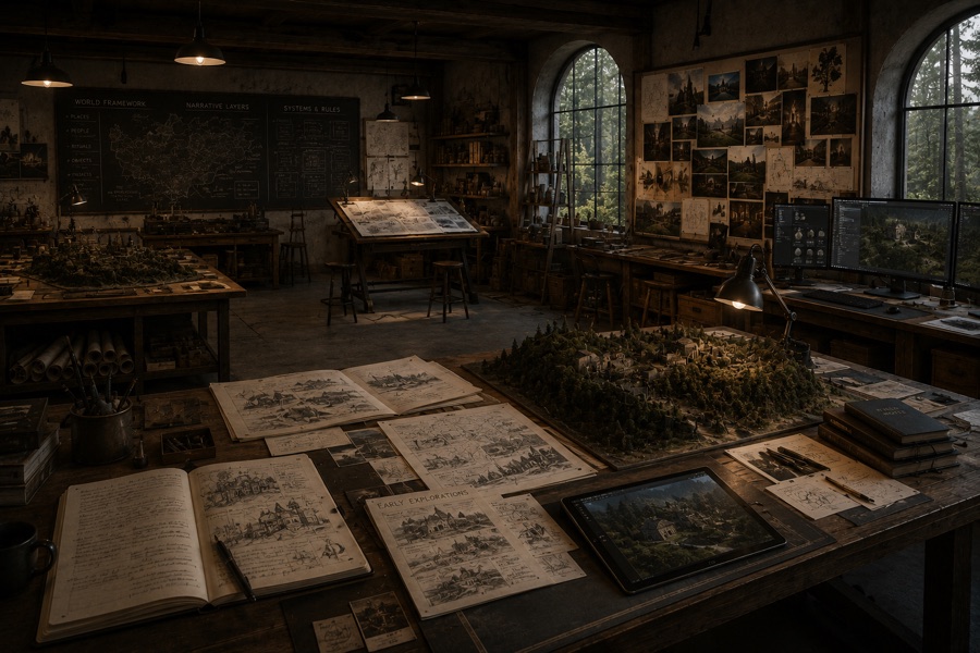 A dark working studio with models, drawings, and production screens.