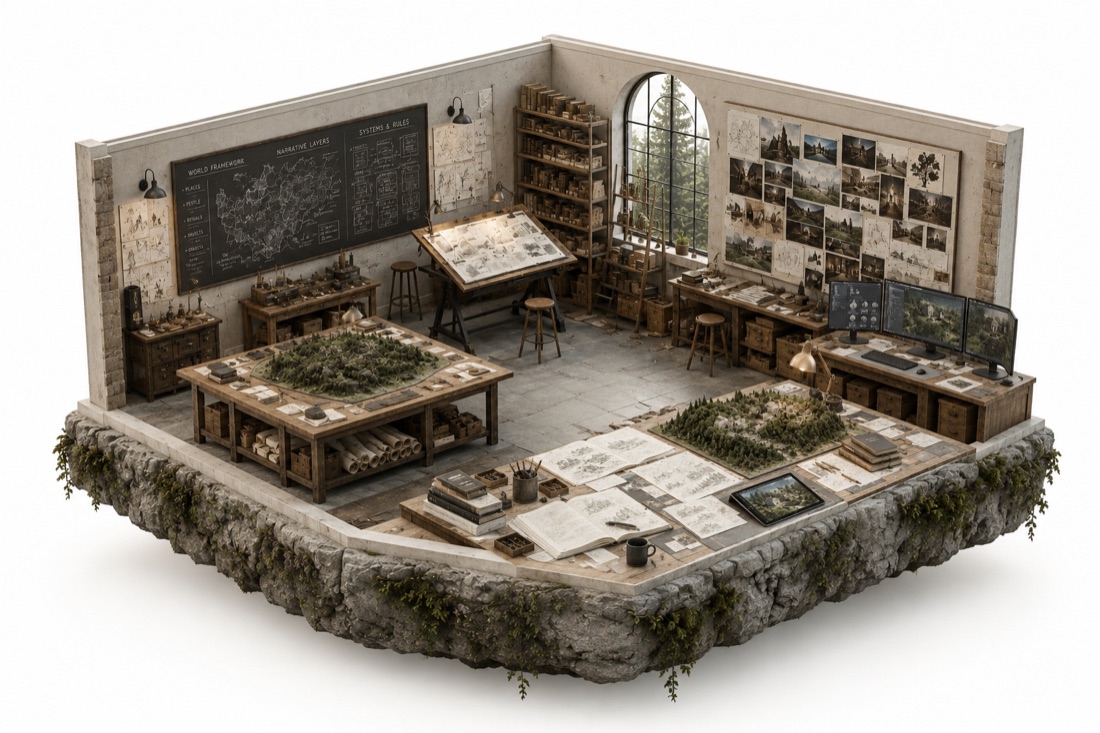 A miniature studio model showing world-building material and maps.