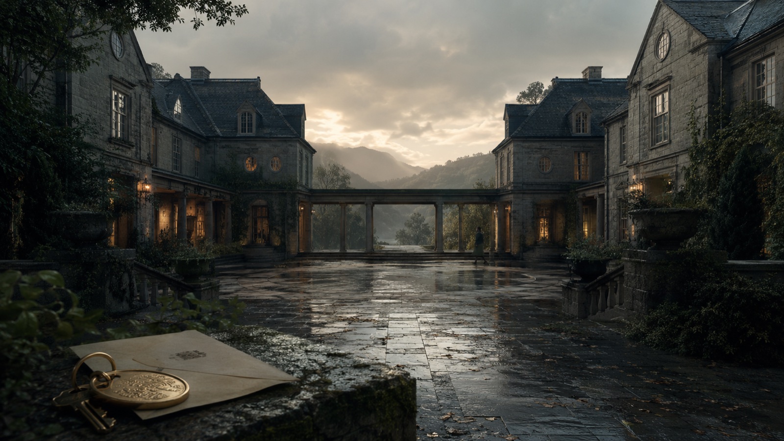 The Appalache Estate courtyard at dusk.
