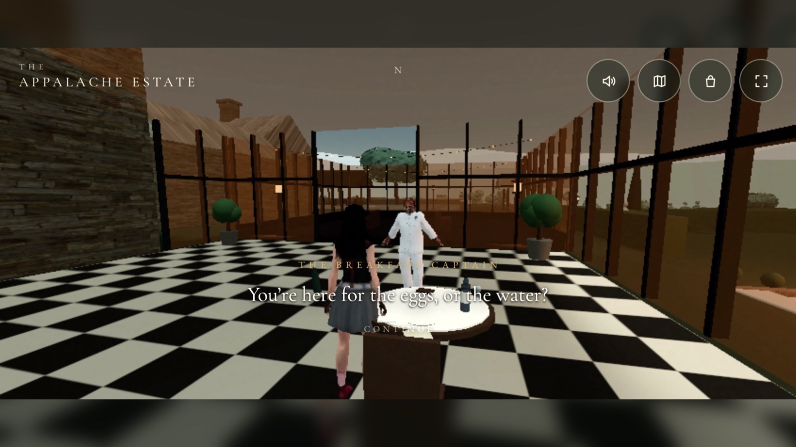 A gameplay scene with an Appalache character interaction.