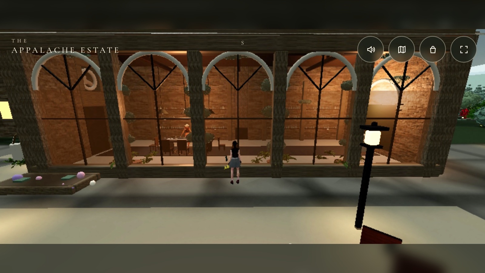 A gameplay screenshot of an Appalache conservatory exterior.