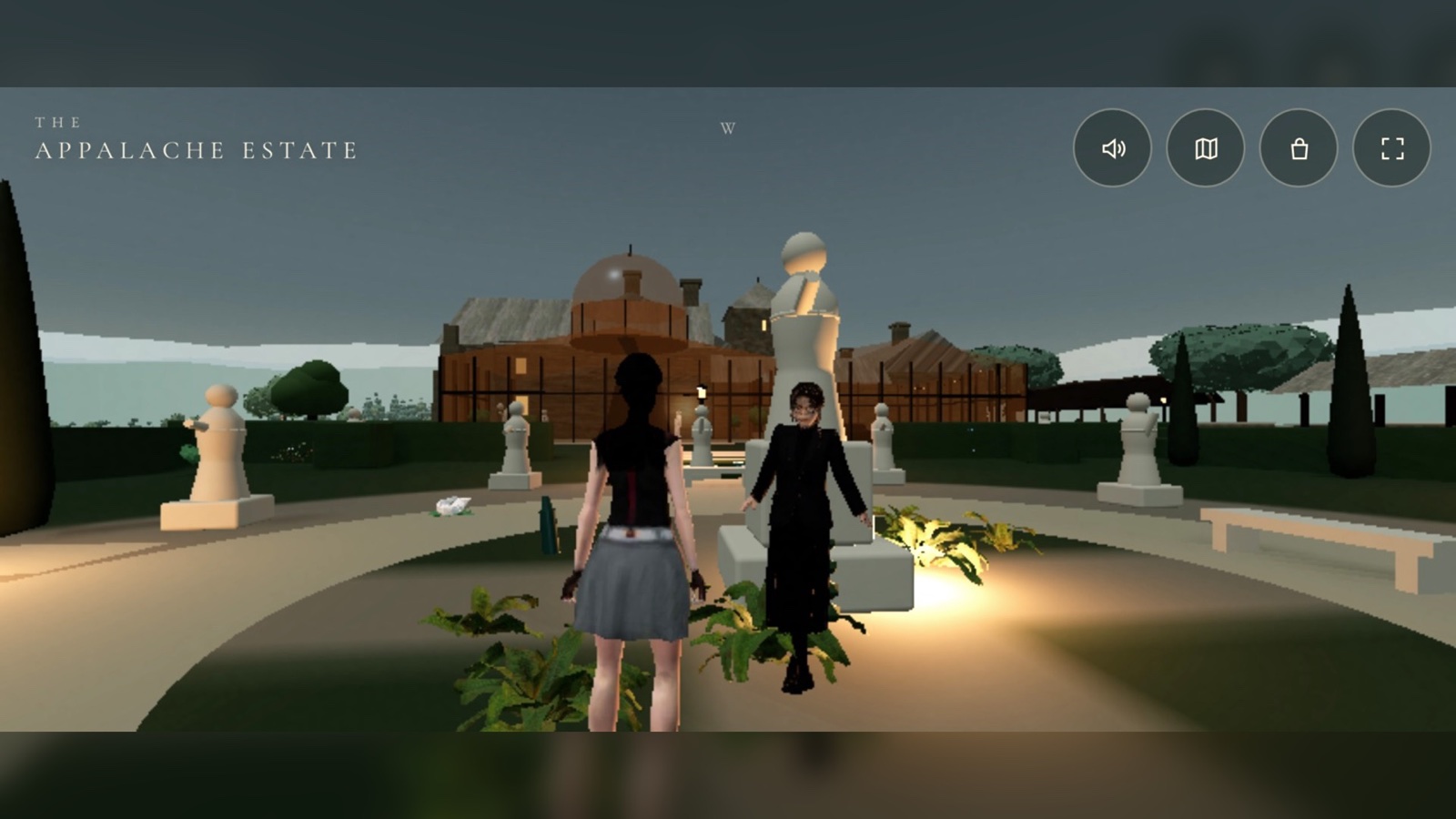 A gameplay screenshot from the Appalache statue garden.