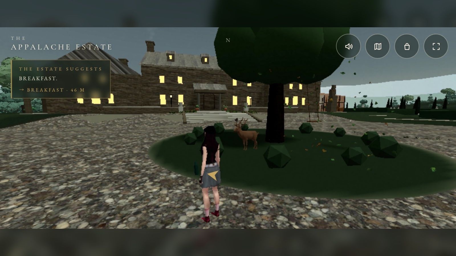 A gameplay image showing the estate with wildlife near the main house.