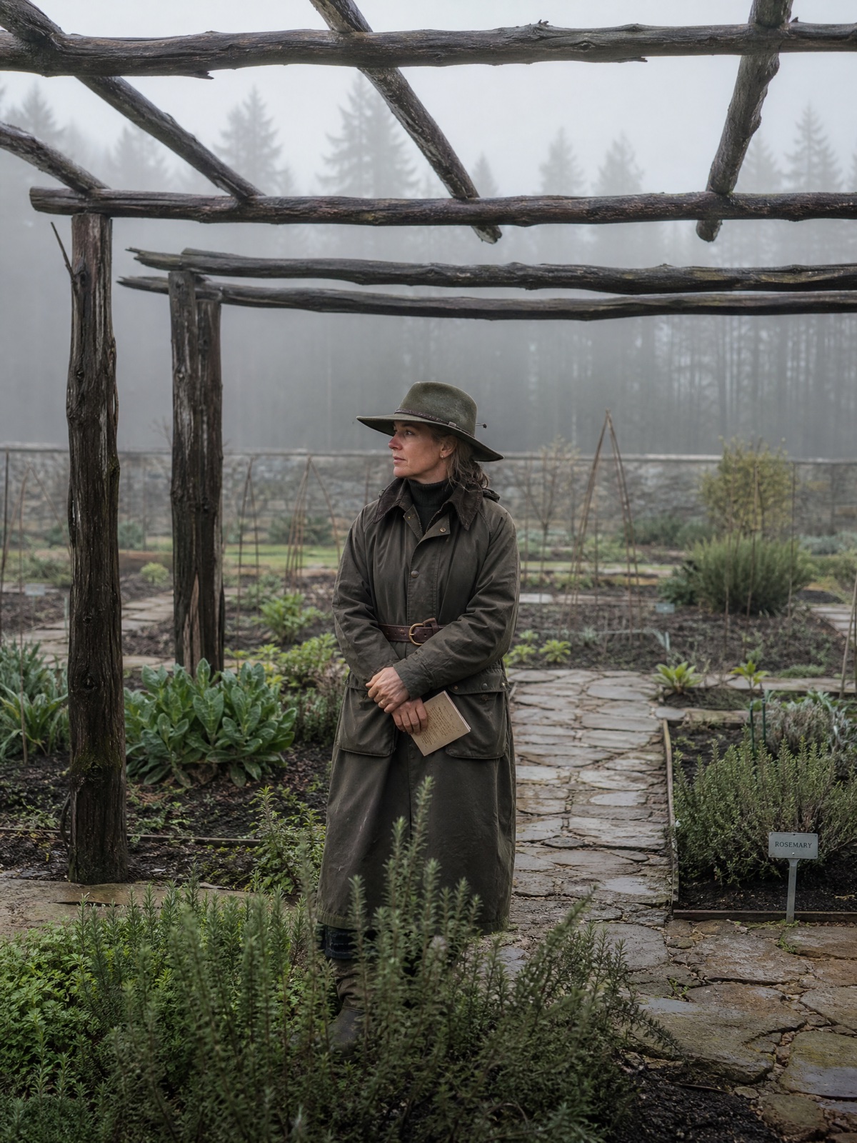 A foggy Appalache herb garden scene.